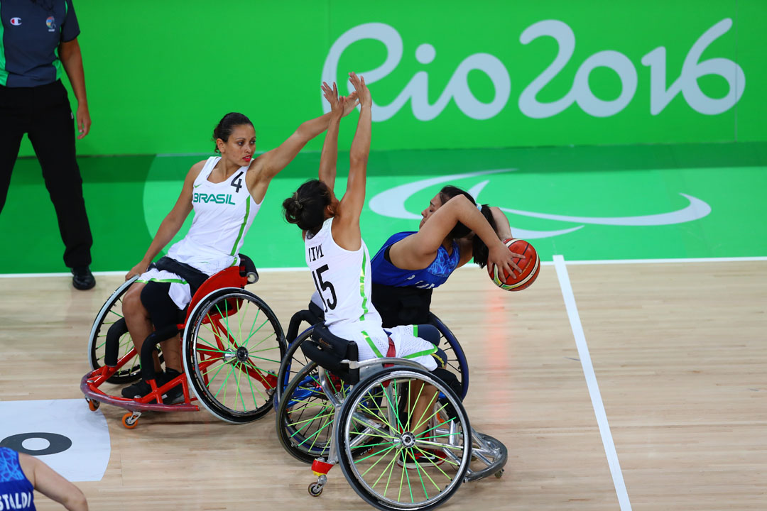 RIO DE JANEIRO, BRAZIL - SEPTEMBER 8: Andreia Farias of Brazil and Maria Pallares of Argentina during the Wheelchair Basketball match at Arena Carioca 1 on Day 1 of the Rio 2016 Paralympic Games on September 8, 2016 in Rio de Janeiro, Brazil. (Photo by Lucas Uebel/Getty Images)