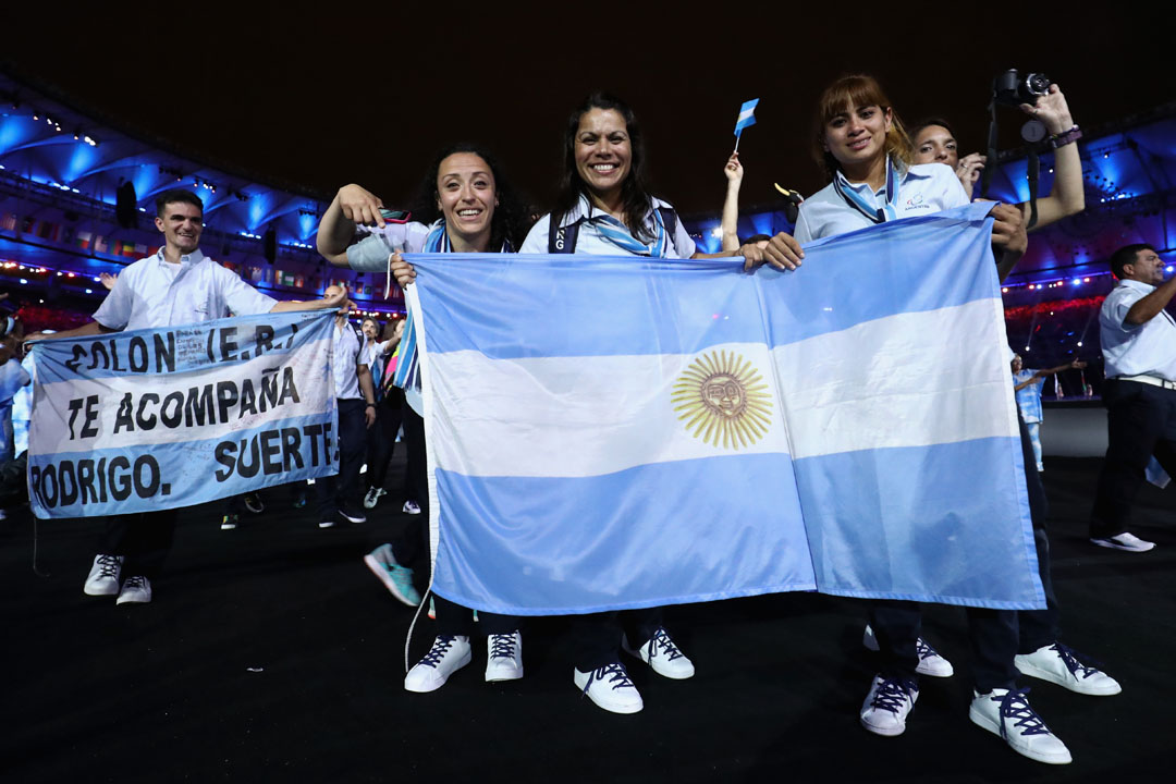 RIO DE JANEIRO, BRAZIL - SEPTEMBER 07: Members of Argentina team enter the stadium during the Opening Ceremony of the Rio 2016 Paralympic Games at Maracana Stadium on September 7, 2016 in Rio de Janeiro, Brazil. (Photo by Hagen Hopkins/Getty Images)