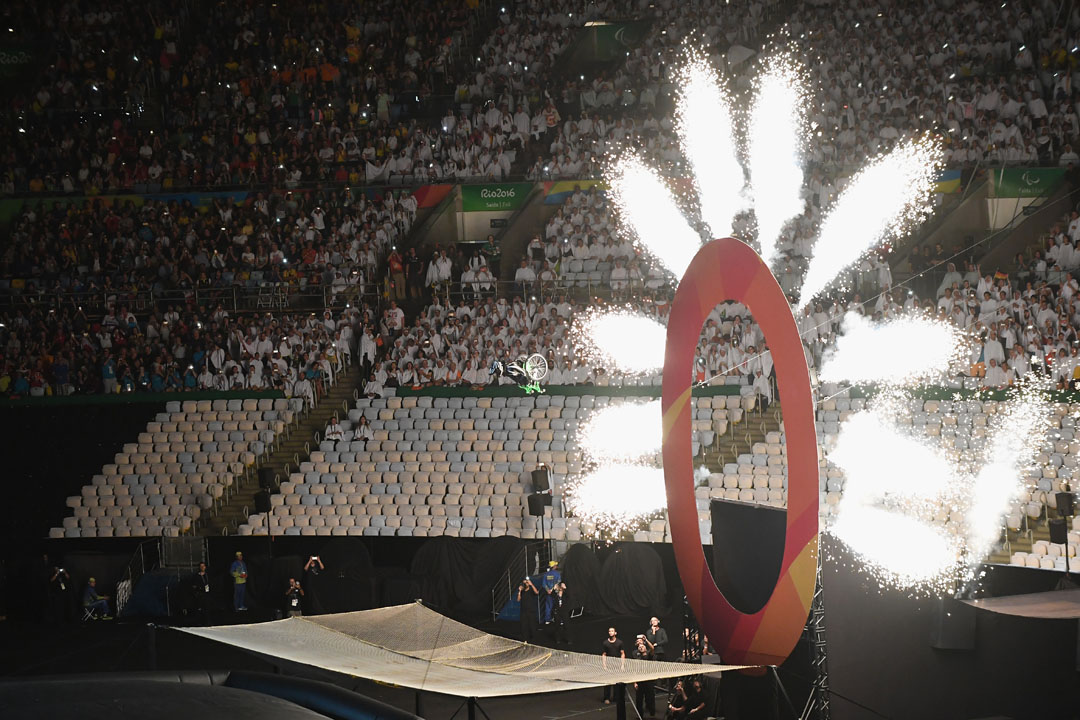 RIO DE JANEIRO, BRAZIL - SEPTEMBER 07: Aaron Wheelz jump from a MegaRamp at the start of the the Opening Ceremony of the Rio 2016 Paralympic Games at Maracana Stadium on September 7, 2016 in Rio de Janeiro, Brazil. (Photo by Atsushi Tomura/Getty Images)